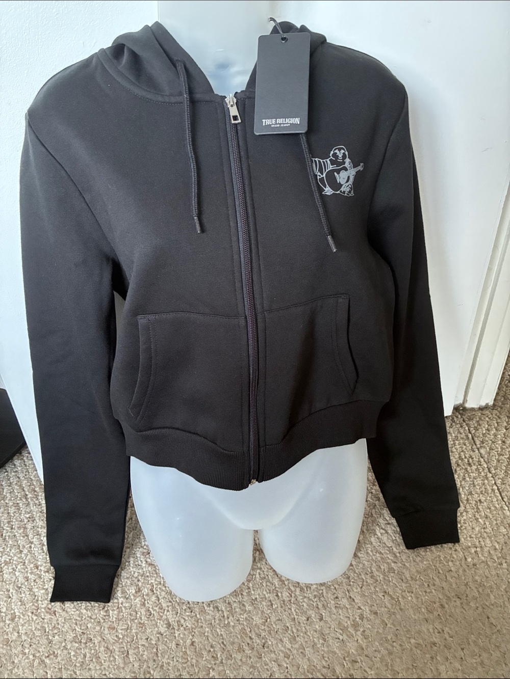 True Religion Black Women's Zip-Front Bomber Hoodie